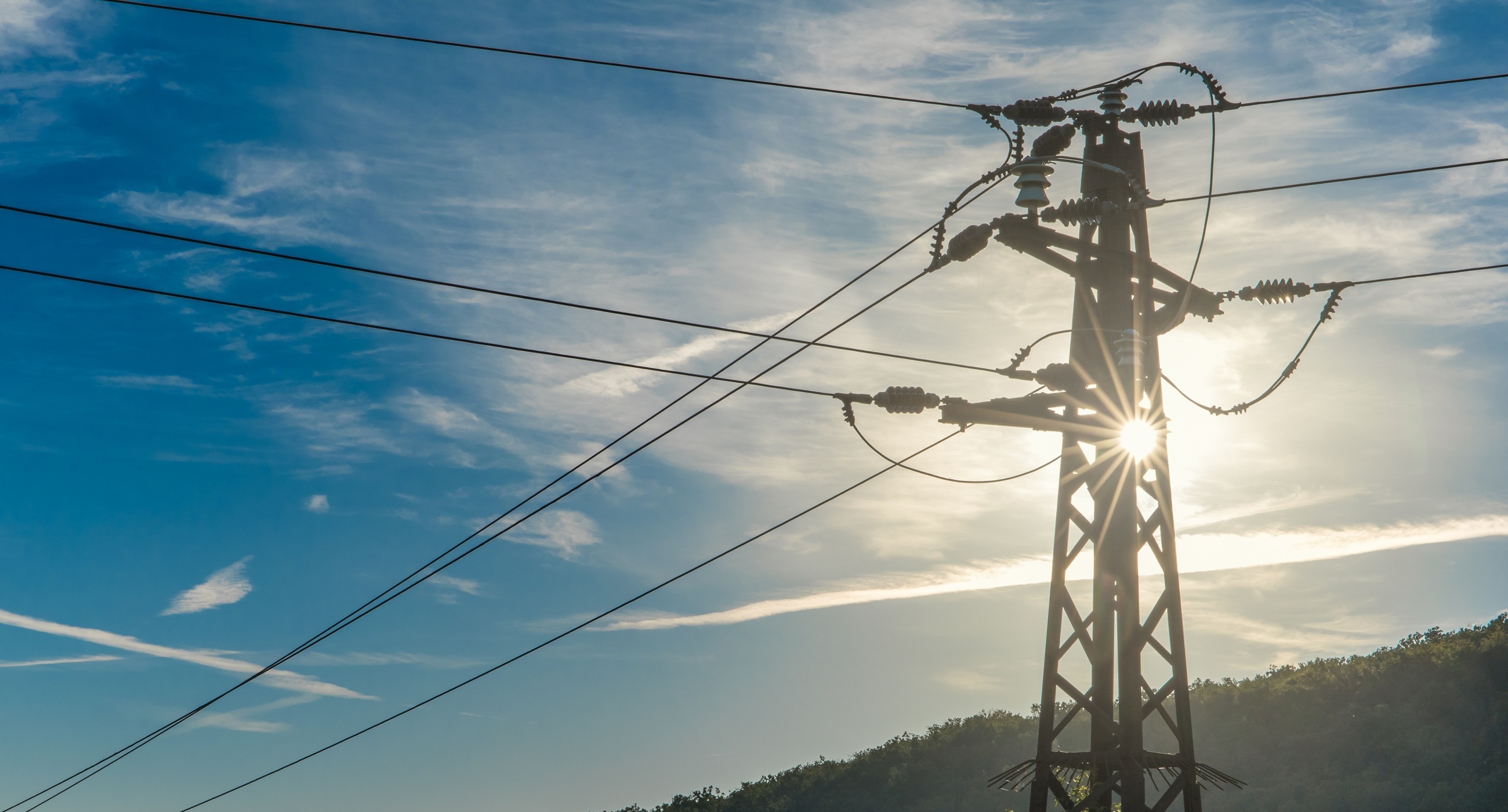 Electric grid against a blue sky on green grass